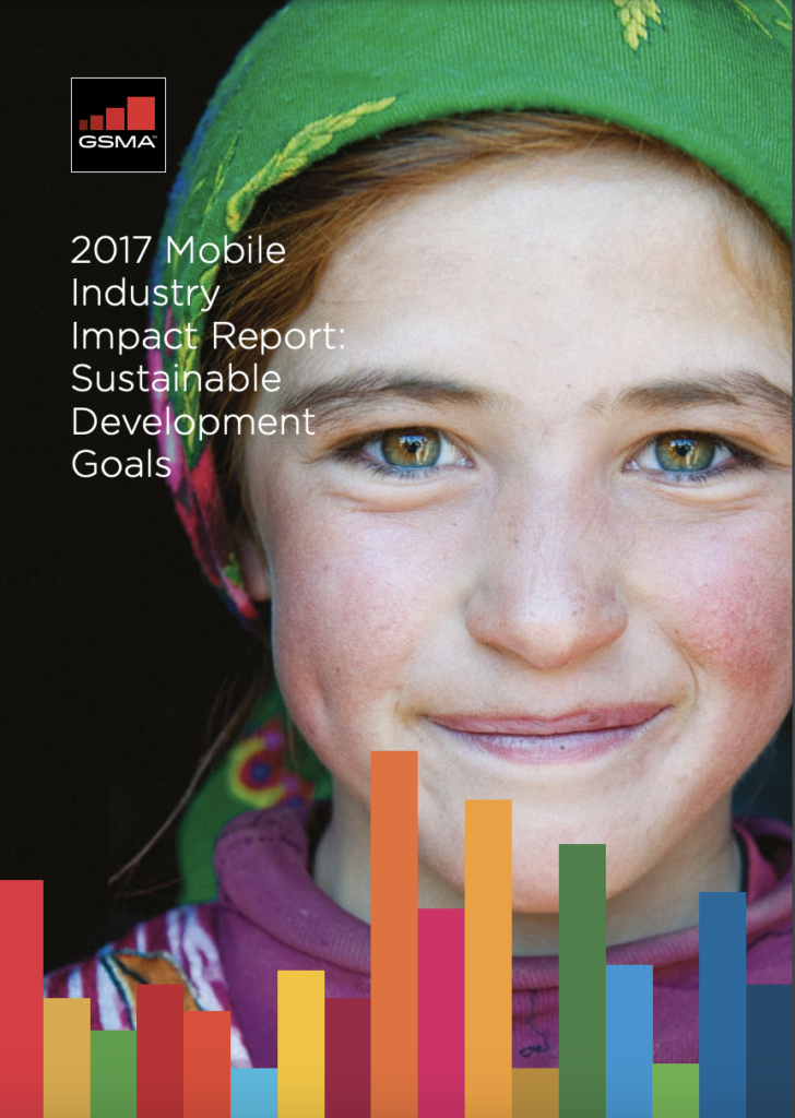 A young girl wearing a green headscarf with a red coif is depicted on the cover of the "2017 Mobile Industry Impact Report: Sustainable Development Goals" by GSMA. There are colorful bar graphs at the bottom edge of the image.
