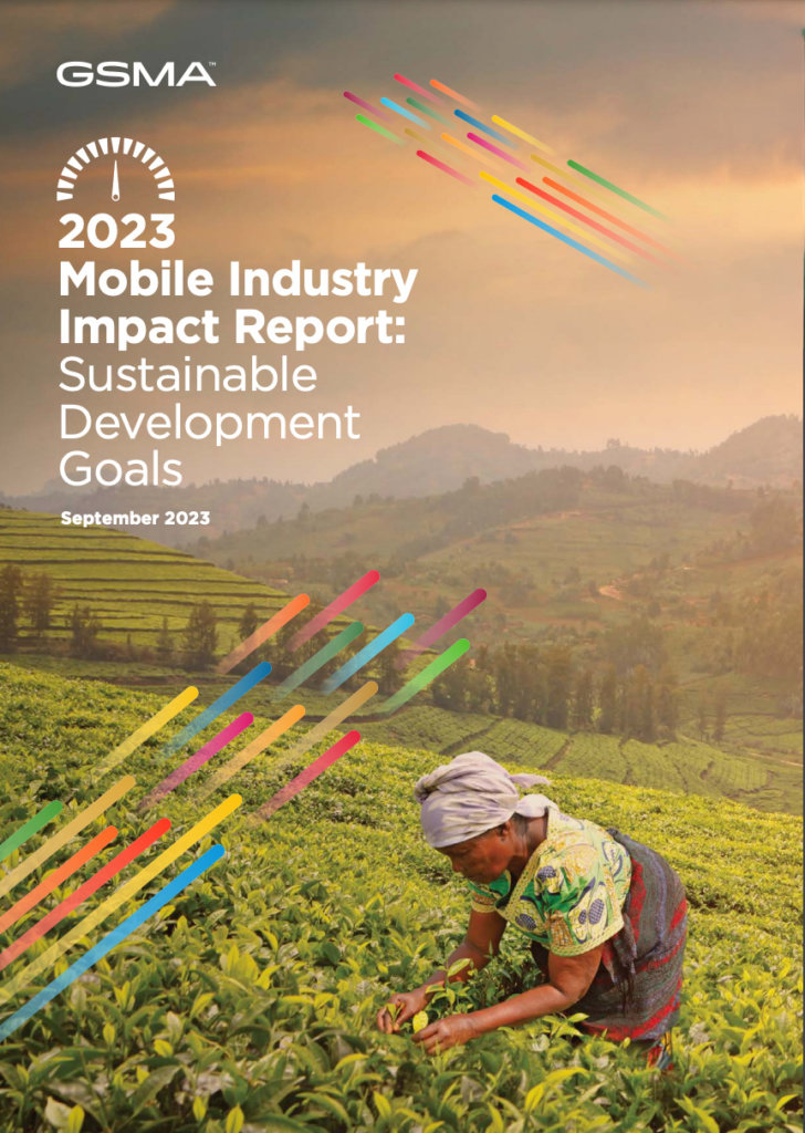 Cover of the "2023 Mobile Industry Impact Report: Sustainable Development Goals" by GSMA, dated September 2023. It depicts a person in traditional clothing working in a lush green field with a backdrop of hills and a sunset sky. Colorful lines accent the design.