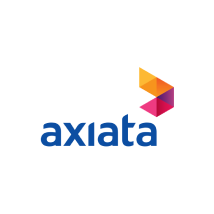 The image shows the Axiata logo. The word "axiata" is written in blue lowercase letters. To the right of the text are three overlapping geometric shapes in shades of orange, yellow, and pink, forming a triangular pattern. The background is white.