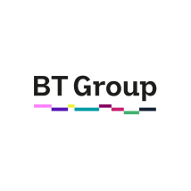 The image displays the BT Group logo. The text "BT Group" is written in a bold, black font. Below the text is a series of short, colored lines in various colors, including pink, yellow, blue, teal, magenta, and black, against a white background.