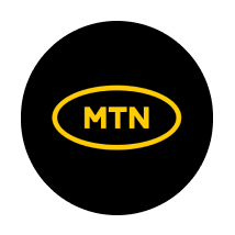 A black circular logo with a white border. Inside the black circle, there is an oval outline in yellow. In the center of the oval, the letters "MTN" are written in yellow.