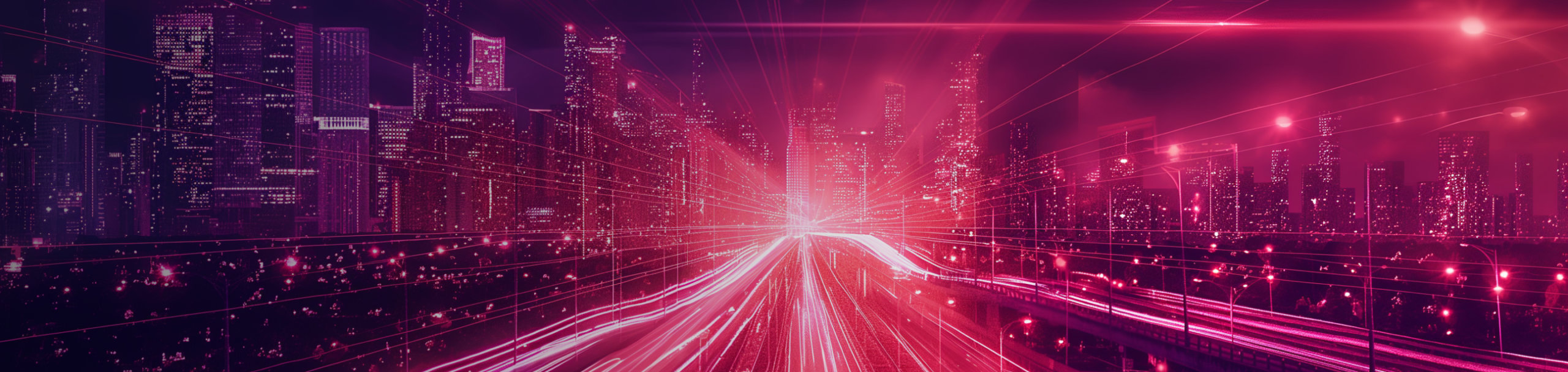 A vibrant cityscape at night with a futuristic aesthetic. Bright pink and red lights create dynamic streaks, implying rapid motion on a highway. Skyscrapers glow with illuminated windows against a dark sky. The scene conveys a sense of speed and modernity.