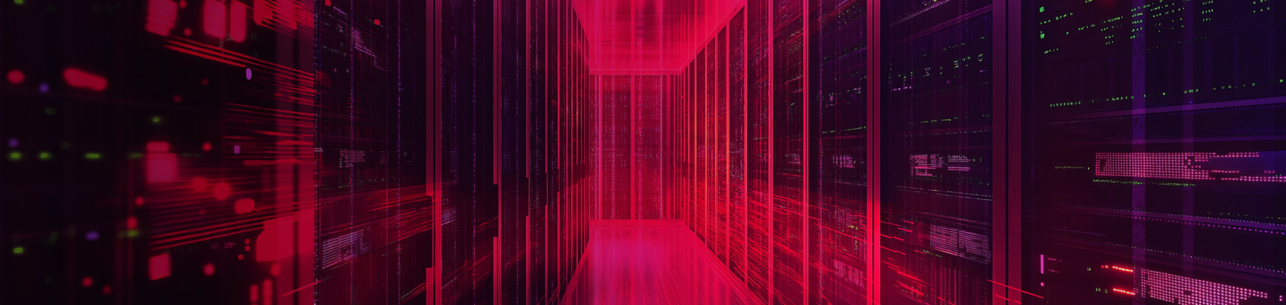 A futuristic corridor of servers with glowing red lights and digital data patterns on the walls, creating an immersive, high-tech environment. The perspective view emphasizes depth, with horizontal and vertical lines suggesting speed and movement, evoking a sense of cybersecurity or data networking.