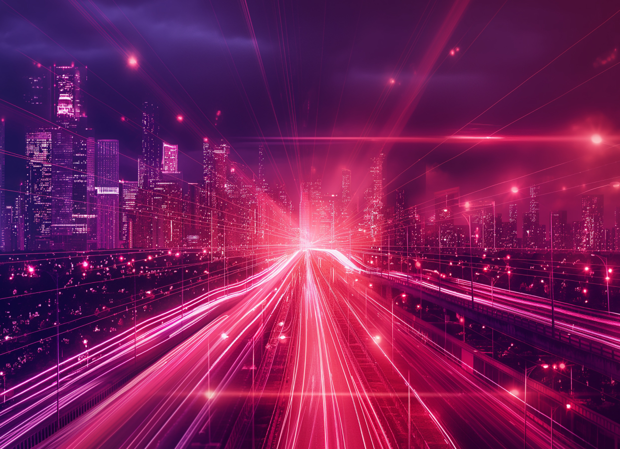 A futuristic cityscape at night with skyscrapers illuminated in pink and red hues. Vibrant streaks of light trail across the image, suggesting fast-moving traffic on a highway. The sky is overcast, adding a dramatic ambiance with reflections and glowing effects enhancing the urban scene.