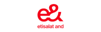 Logo featuring the text "etisalat and" in red lowercase letters, with a stylized and interconnected lowercase "e" and "a" symbol above the text. The red design is set against a plain white background.