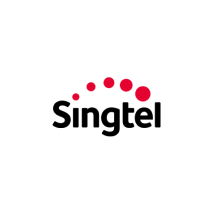 Singtel logo featuring the word "Singtel" in black lowercase letters. Above the text is a curved line of six red dots in varying sizes, increasing from left to right. The logo appears on a white circular background.