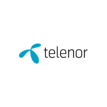 A logo featuring a blue, three-pronged, abstract symbol on the left and the word "telenor" in lowercase black letters on the right, all centered within a white circular background.
