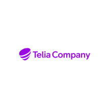 Telia Company logo with a purple abstract spiral symbol to the left and the text "Telia Company" in purple to the right, set against a white circular background.