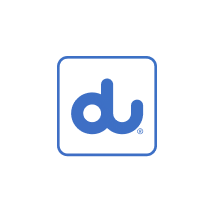 A blue logo consisting of the lowercase letters "d" and "u" connected within a rounded square border, all set against a white circular background.