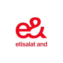 The image displays the logo of "etisalat and". The logo consists of a stylized lowercase "e" and ampersand "&" in bold red text, with the words "etisalat and" in lowercase red letters located below the logo. The background is white and circular.