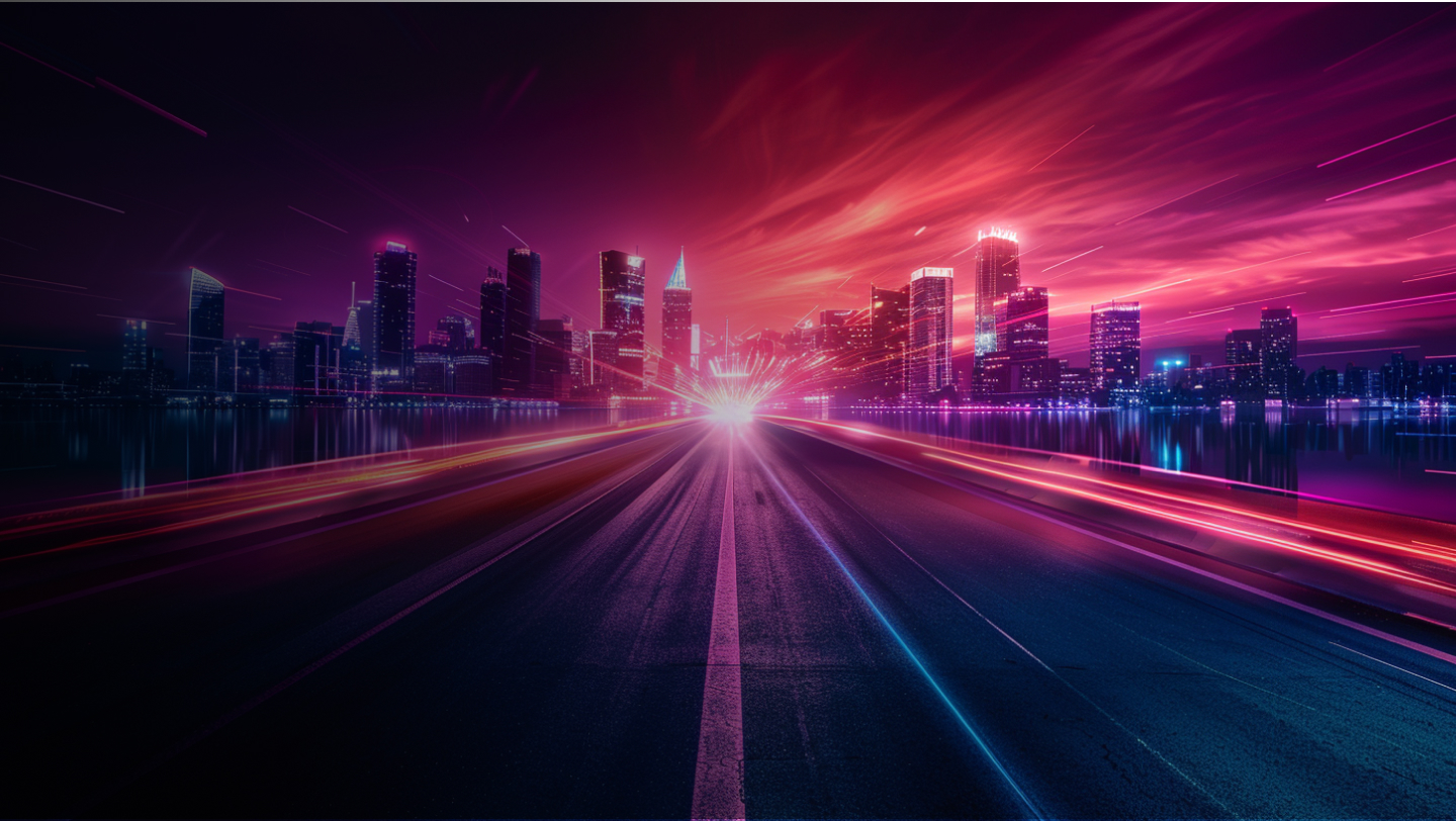 A cityscape at night with a brightly lit, futuristic skyline. The scene features neon lights, with streaks of red, pink, and blue, reflecting off the wet road that leads toward the city. The sky is illuminated with vibrant, glowing hues.