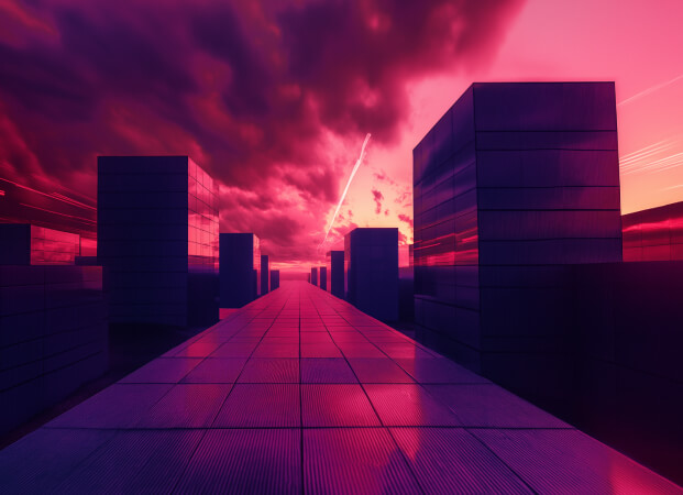 Futuristic cityscape at sunset with a striking pink and purple sky. Sleek, tall buildings made of reflective glass line a wide, tiled walkway. Dramatic clouds and a bright vapor trail enhance the sci-fi aesthetic.