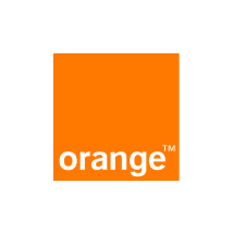 A logo consisting of an orange square with the word "orange" written in lowercase white letters towards the bottom right. There is a small "TM" trademark symbol above the letter "E". The logo is centered within a white circular background.
