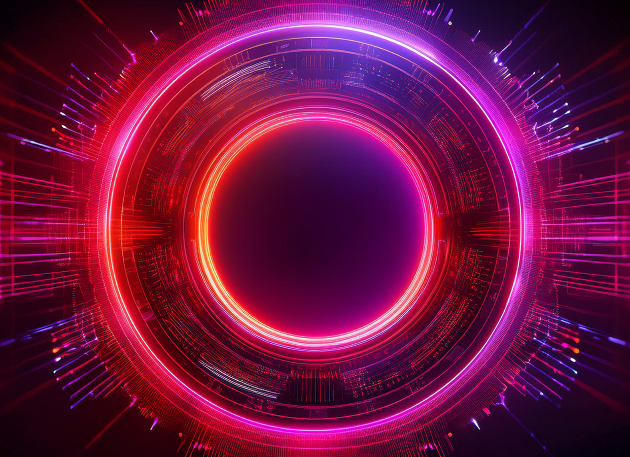 A futuristic circular design with vibrant neon colors. The central black circle is surrounded by concentric rings of bright pink, orange, and purple neon lights, creating a sense of depth. The outer edges feature radial streaks and digital patterns, evoking a high-tech, sci-fi atmosphere.