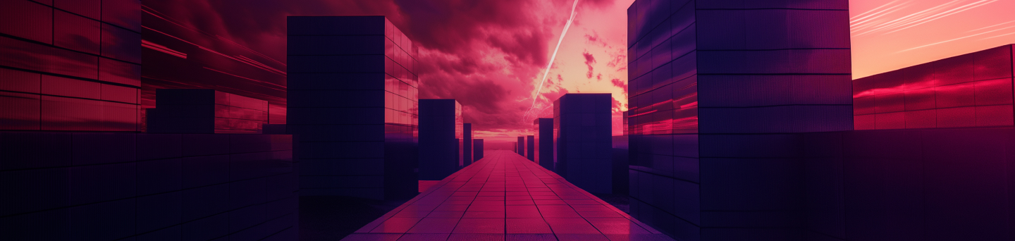 A futuristic cityscape with reflective, dark, cuboid buildings lining a central path. The sky is filled with dramatic pink and purple clouds. A streak of light cuts across the sky, enhancing the sci-fi atmosphere of the scene.