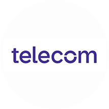 Logo featuring the word "telecom" in lowercase, purple letters. The "c" is stylized with an incomplete circle, resembling a connection symbol, emphasizing communication. The background is white, highlighting the simplicity and modernity of the design.