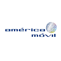The image shows the América Móvil logo. It features the company's name in lowercase blue letters. To the right, there is a globe icon with swirling blue and gray lines, resembling latitude and longitude lines. The background is white.