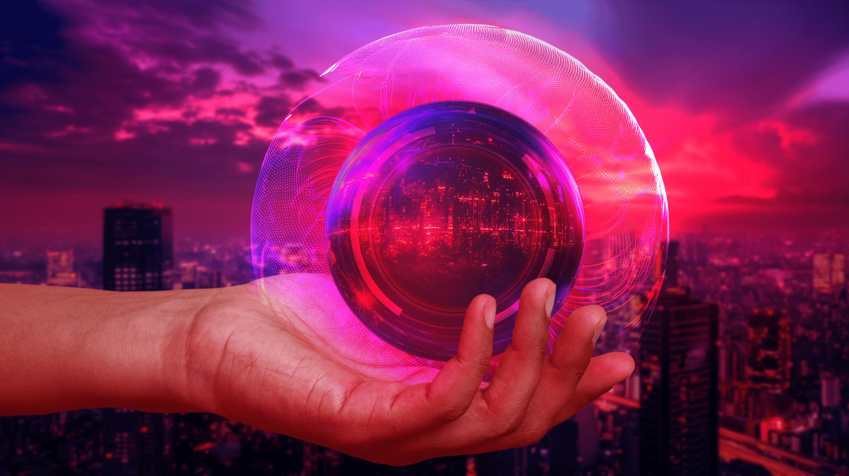 A hand holds a glowing, transparent, circular device emitting pink and purple light, hinting at responsible AI. A futuristic cityscape blurs in the background under a dramatic red-purple sunset sky. The device displays faint digital patterns within its center.