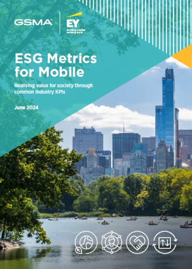 A report cover titled "ESG Metrics for Mobile" with logos for GSMA and EY at the top. The subtitle reads: "Realising value for society through common industry KPIs." The background shows a city skyline behind green trees and a lake, with icons at the bottom. Dated June 2024.