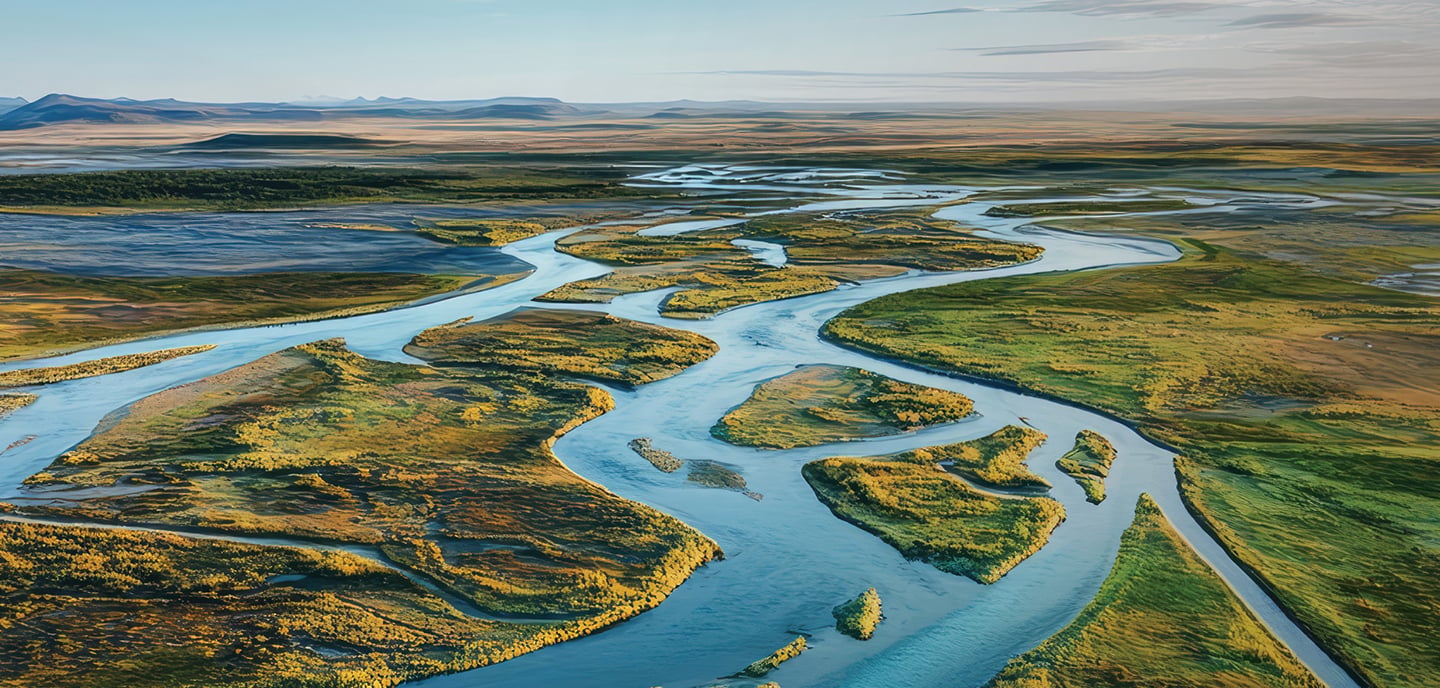 A winding river with multiple branches flows through green islands and flat grassy plains under a blue sky. Distant mountains are visible on the horizon, and the light creates bright and shadowed patterns across the landscape.