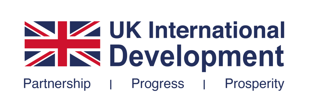Logo with a stylized UK flag on the left. To the right, blue text reads "UK International Development," highlighting our commitment to leveraging LLM technology. Below, smaller text says "Partnership | Progress | Prosperity." Clean and modern design.