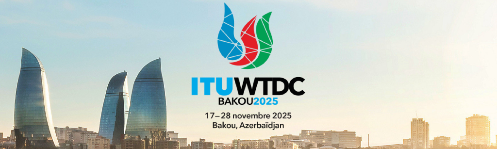 Skyline of Baku, Azerbaijan at sunrise, featuring the Flame Towers on the left. The ITU WTDC Baku 2025 logo and event details are centered: "17–28 novembre 2025, Baku, Azerbaïdjan" with the colorful ITU WTDC emblem above.