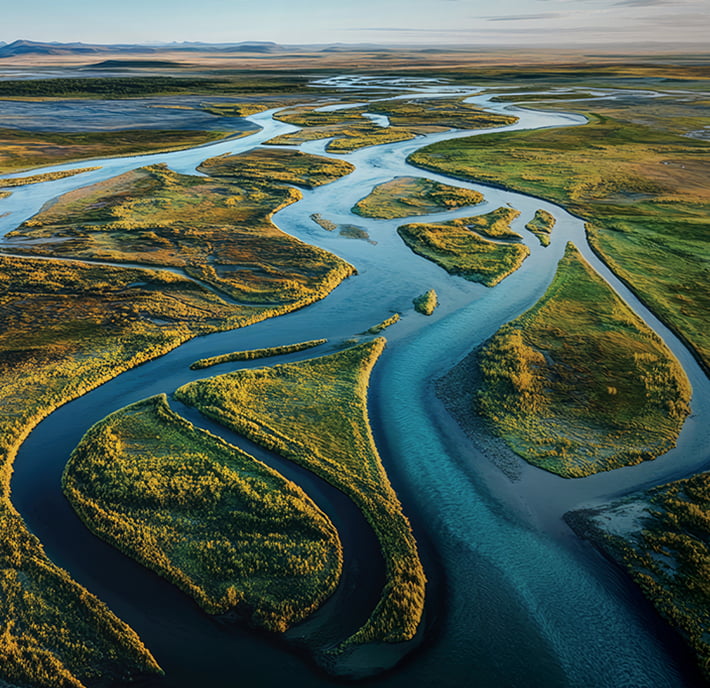 Aerial view of a winding river with multiple blue-green channels weaving through lush green islands and grassy plains, under a clear sky. The landscape stretches toward distant hills on the horizon, showcasing a vibrant and natural setting.