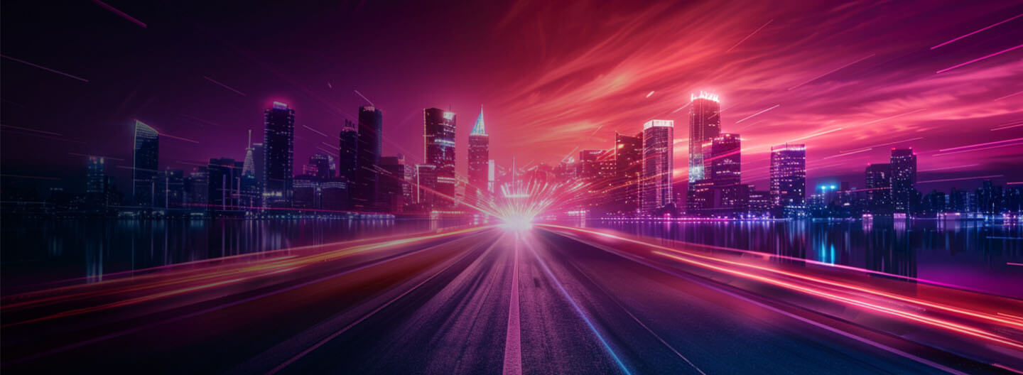 A futuristic city skyline glows with neon pinks and purples under a vibrant, streaked sky. Light trails speed along an empty road, showcasing AI in Action and creating a dynamic, high-tech atmosphere as buildings reflect on calm water.