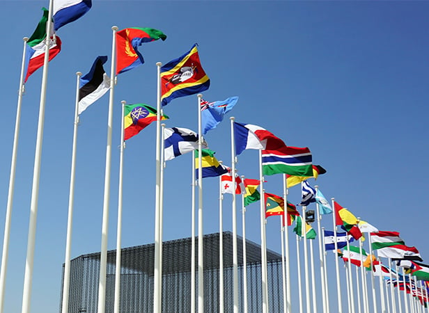 Rows of various national flags on tall flagpoles wave against a clear blue sky, symbolising international relations. A modern, rectangular building with a mesh-like exterior stands in the background, partially obscured by the flags.