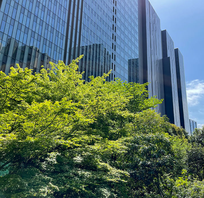 Tall modern glass buildings, home to various External Affairs offices, reflect the sky and nearby structures. In the foreground, lush green trees with dense foliage contrast with the sleek, vertical lines against a bright blue sky.