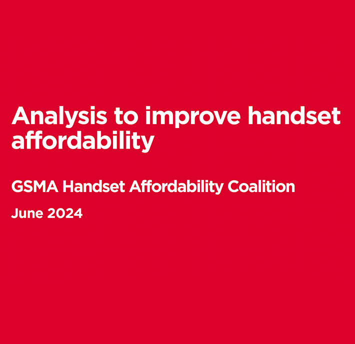 White text on a red background reads: “Analysis to improve handset affordability. GSMA Handset Affordability Coalition. June 2024.” The design is simple, with all text left-aligned, and no other images or graphics present.