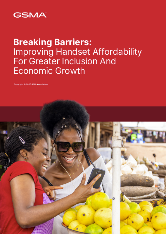 Two smiling women at an outdoor market look at a mobile phone together. One wears sunglasses and a white top, the other wears a colourful dress. Yellow fruit and market stalls are visible around them. The top section contains the GSMA logo and the report title in white text on a red background.