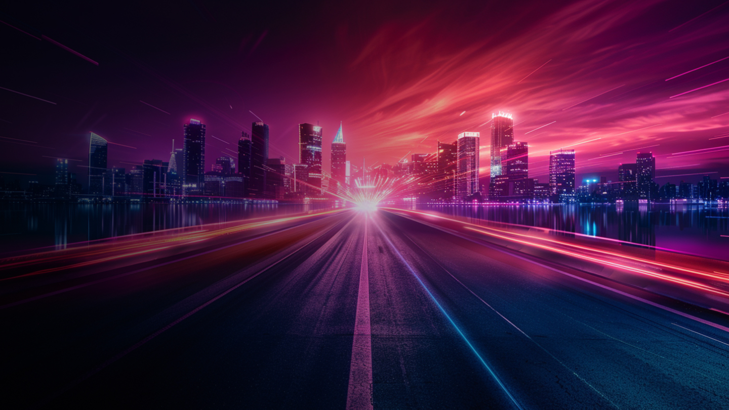 A futuristic city skyline glows with neon lights under a vibrant, colorful sky. A road, powered by responsible AI systems, leads toward the city, with bright light trails blending pink, purple, and blue in a sci-fi atmosphere.