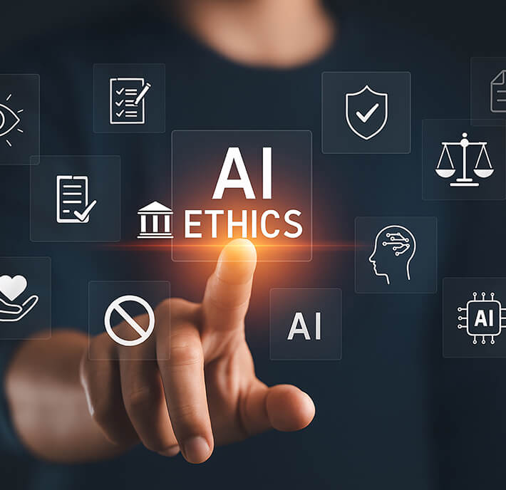 A person points at a glowing virtual button labelled “AI Ethics” on a transparent interface at MWC26 Barcelona, surrounded by icons such as a brain, checklist, scales, shield, and heart—symbolising ethical considerations in artificial intelligence.