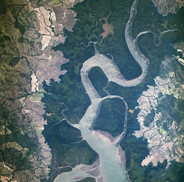 Satellite view of a winding river flanked by green forests and light brown land highlights nature’s beauty and the importance of climate action for a net zero future.