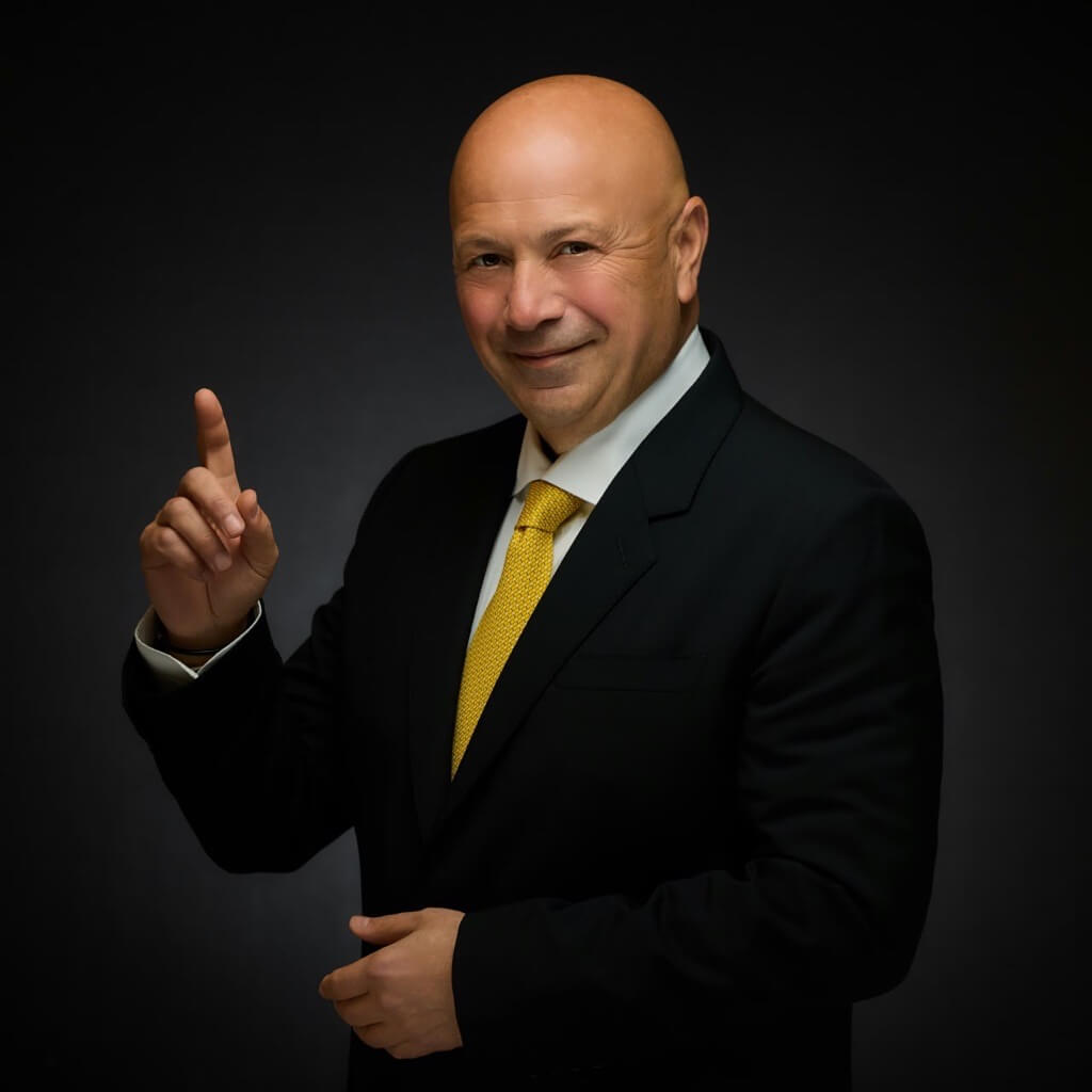 A bald, smiling man in a dark suit and white shirt wears a textured gold tie. He is pointing his index finger upwards against a dark, moody background.