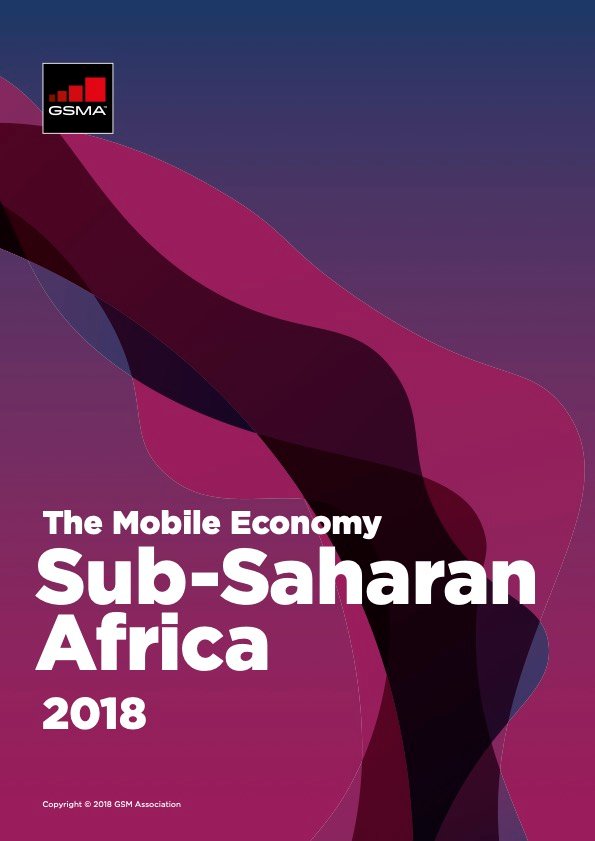 Cover of a report titled "The Mobile Economy: Sub-Saharan Africa 2018." The background features abstract, layered waves in shades of purple and pink. The GSMA logo appears in the top left corner. Copyright notice at the bottom reads "© 2018 GSMA Association.