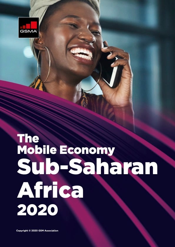 A smiling woman wearing a headwrap talks on a mobile phone. The GSMA logo is in the top left. Bold white text reads: "The Mobile Economy Sub-Saharan Africa 2020." Abstract purple and pink curved lines are at the bottom.