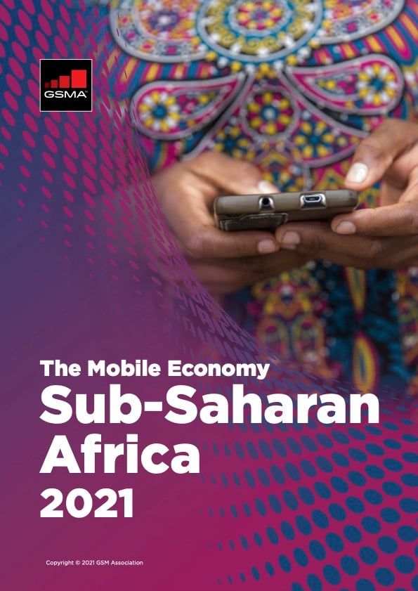 A person in colourful, patterned clothing holds and uses a smartphone. Text over a purple patterned overlay reads: “The Mobile Economy Sub-Saharan Africa 2021.” GSMA logo is at the top left.