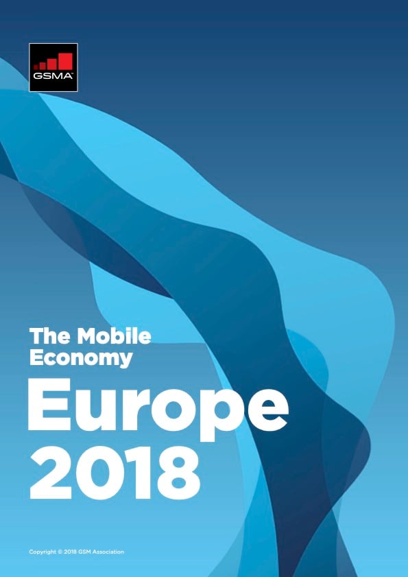 Cover of a report titled “The Mobile Economy Europe 2018” with a blue abstract wavy design, GSMA logo in the top left corner, and white bold text across the lower half. Copyright information appears at the bottom.