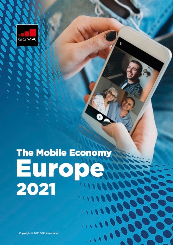 A person holds a mobile phone showing a video call with three people: a young man, an older woman, and an older man. The background has a blue gradient with dotted patterns. Text reads: “The Mobile Economy Europe 2021.” GSMA logo appears in the top left.