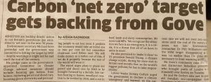 Newspaper article with the headline: Carbon 'net zero' target gets backing from Gove.