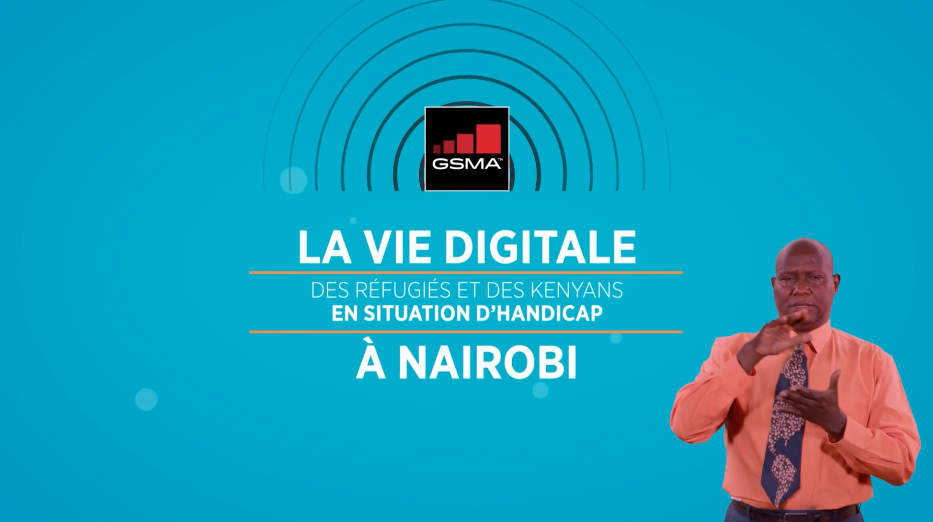 Screen of video title screen in French. Text reads: La vie digitale des réfugiés et des Kenyans en situation d'handicap à Nairobi