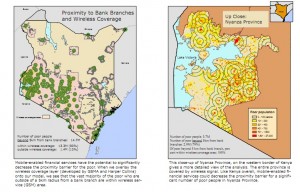 Two maps of Kenya: Left—shows poor households’ proximity to bank branches overlaid with wireless GSM coverage; green circles mark 5km bank branch radii. Right—details Nyanza Province, mapping poor population density and GSM signal reach, with shaded areas.