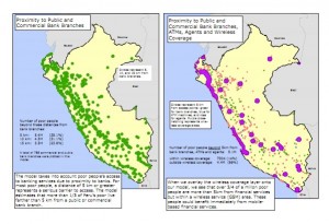 Two maps of Peru show access to financial services. The left map has green dots for public/commercial bank branches; the right map adds pink dots for ATMs, agents, wireless. Text explains improved access with more service types, especially for poor populations.
