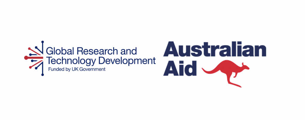 Logos for “Global Research and Technology Development Funded by UK Government” with a network graphic, and “Australian Aid” in blue text with a red kangaroo silhouette, both on a white background.