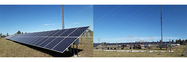 Two images of solar panel arrays in a grassy field under a clear blue sky. The left image shows a close-up side view, while the right image shows a wider view from the back with panels, utility poles, and some structures in the distance.