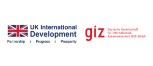 Logos of UK International Development and GIZ, alongside Ensibuuko. On the left, the UK flag with the text "UK International Development: Partnership, Progress, Prosperity." On the right, the GIZ logo in red with German text stating "Deutsche Gesellschaft für Internationale Zusammenarbeit (GIZ) GmbH.