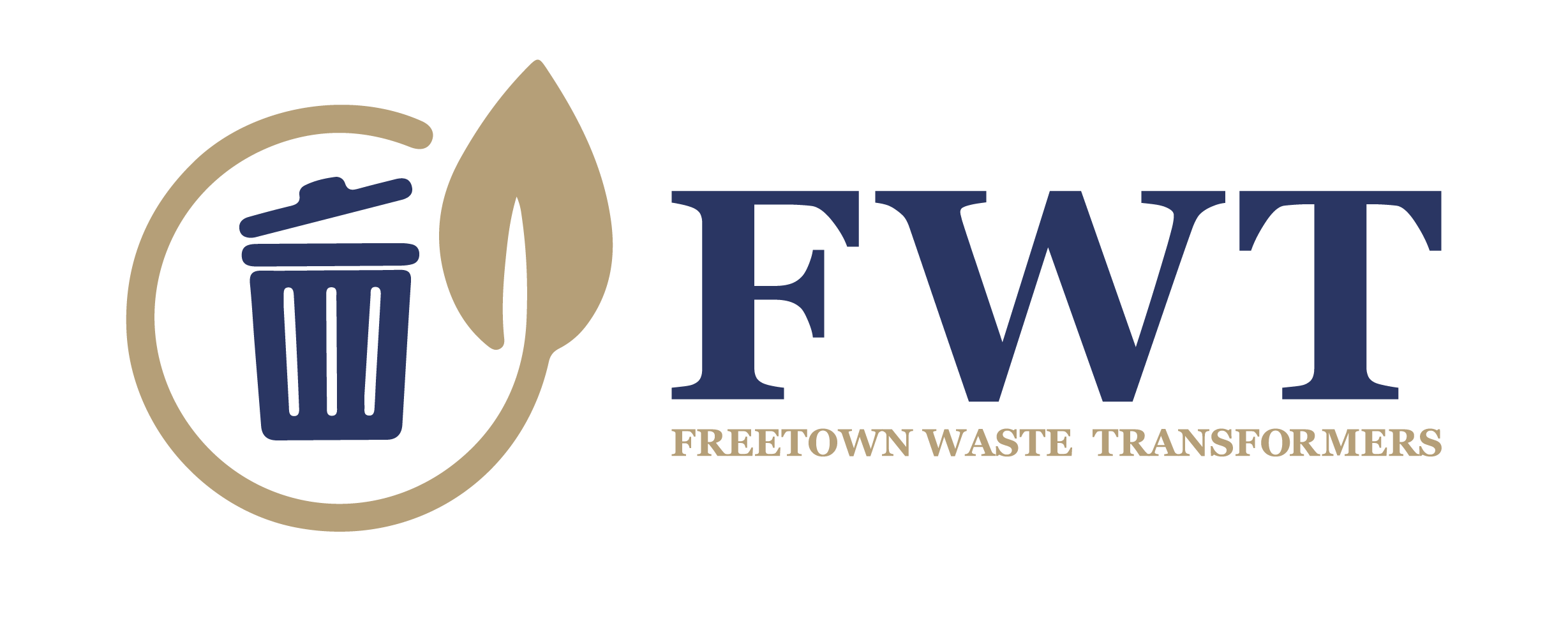 Logo of The Freetown Waste Transformers, recipients of the GSMA Innovation Fund for Digital Urban Services. Features initials "FWT" in dark blue, with a tan waste bin encircled by a leaf to the left. Below, "Freetown Waste Transformers" is detailed in smaller tan letters.
