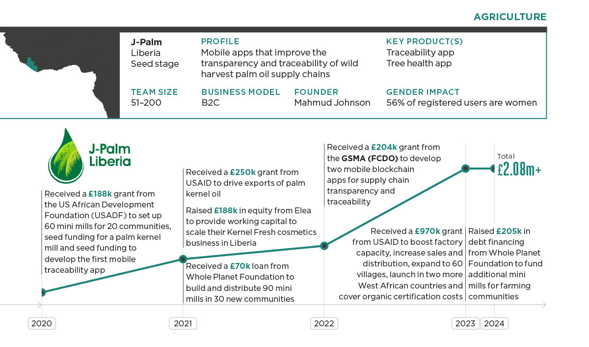 Flowchart detailing J-Palm Liberia's funding journey. Key milestones from 2020 to 2024 include grants and investments over £2.08 million, with highlights like the GSMA Innovation Fund for Digital Urban Services. Partnerships with ATEC Australia International Ltd, FDCO, Elea, and USAID bolstered app development and market expansion.